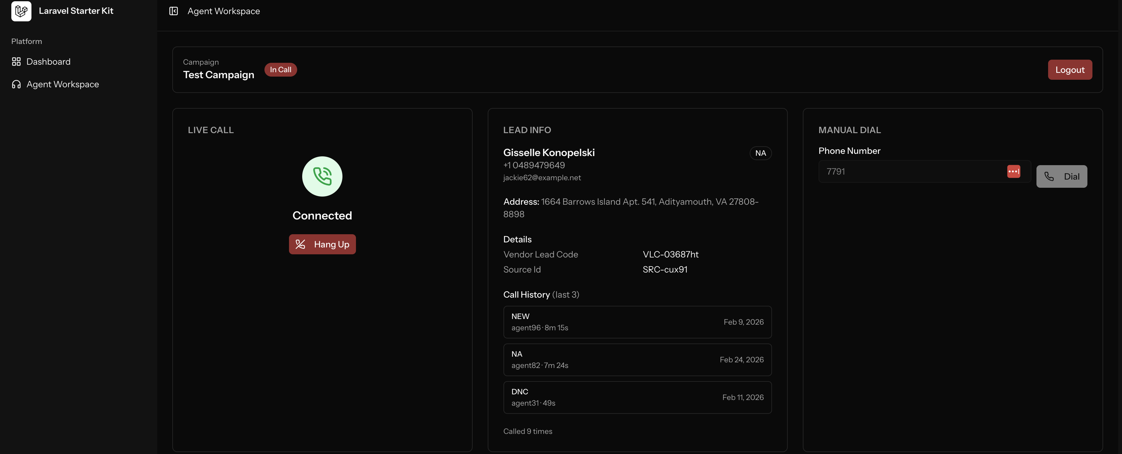 Modern VICIdial Agent UI — real-time call management, lead info, softphone and manual dial